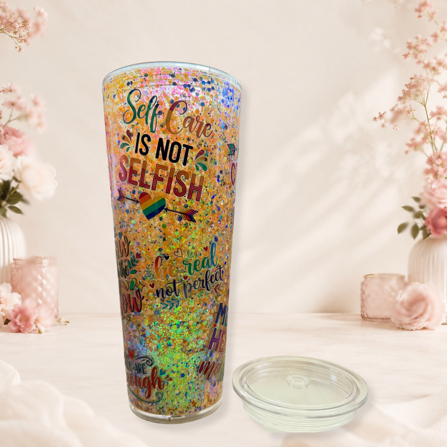 Self Care Affirmations Snow Globe Tumbler With Glitter And Positive Messages