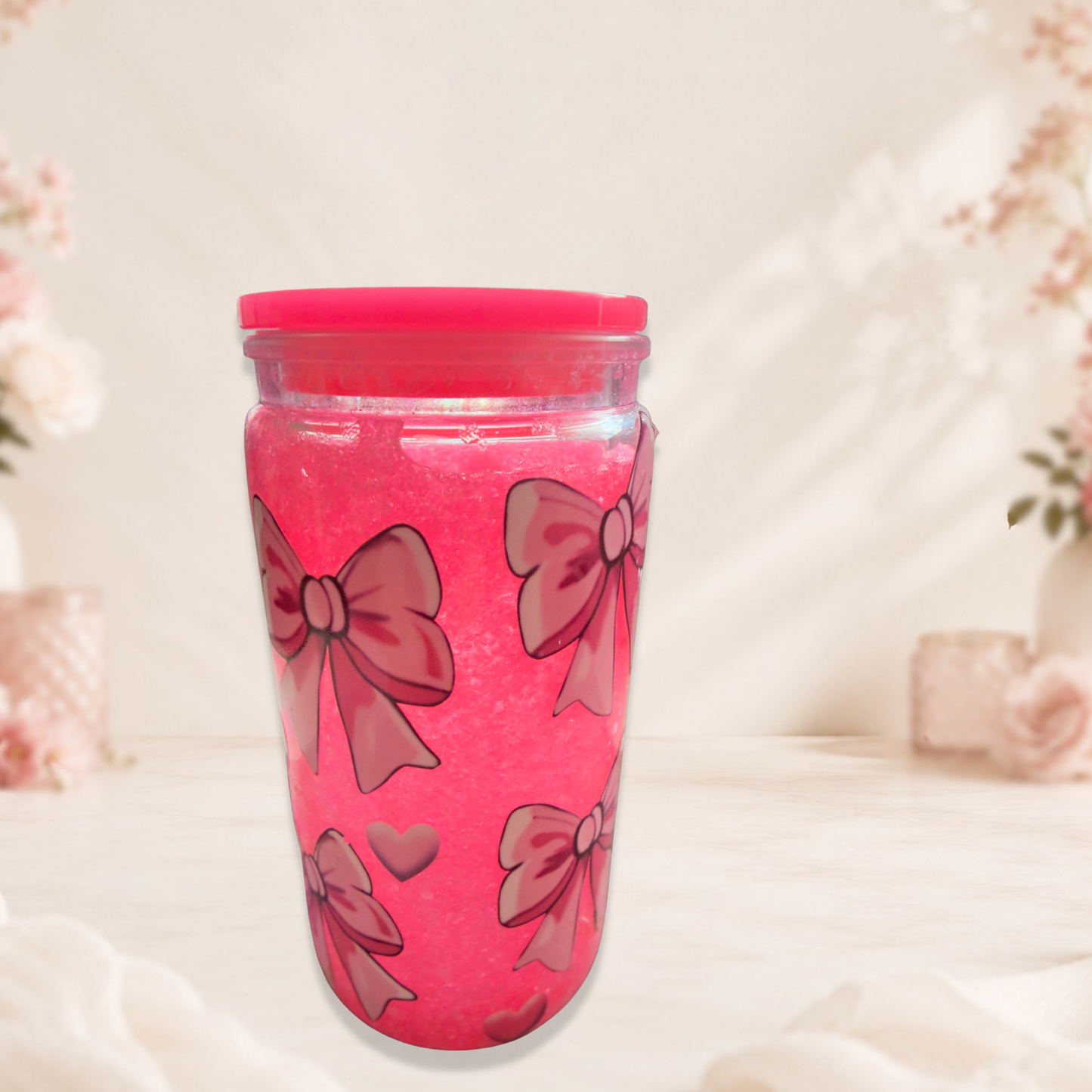 Pink Bow 16 Oz Snow Globe Tumbler With Non Slip Base