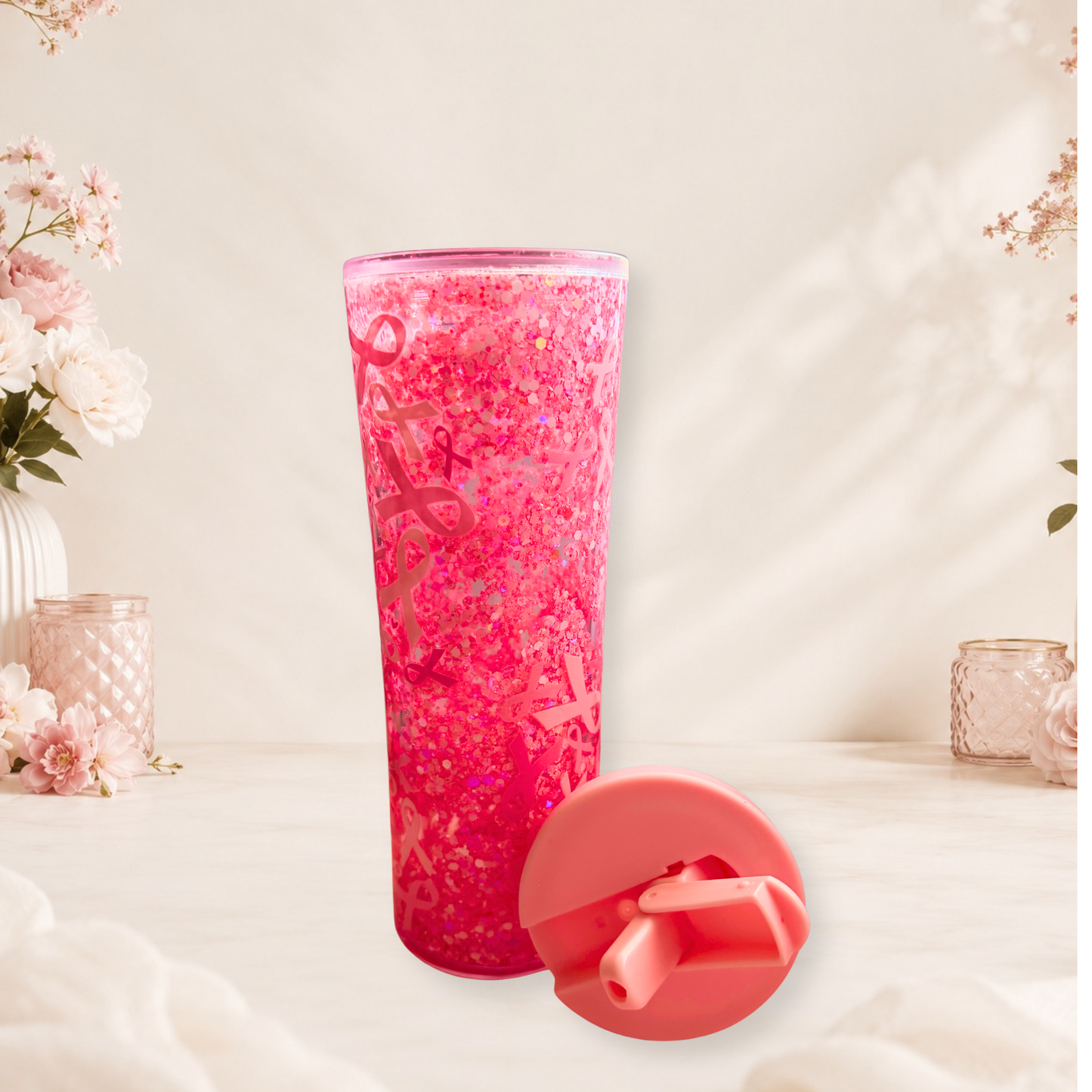Ribbon Of Hope 20oz Snow Globe Tumbler Breast Cancer Awareness Pink Glitter
