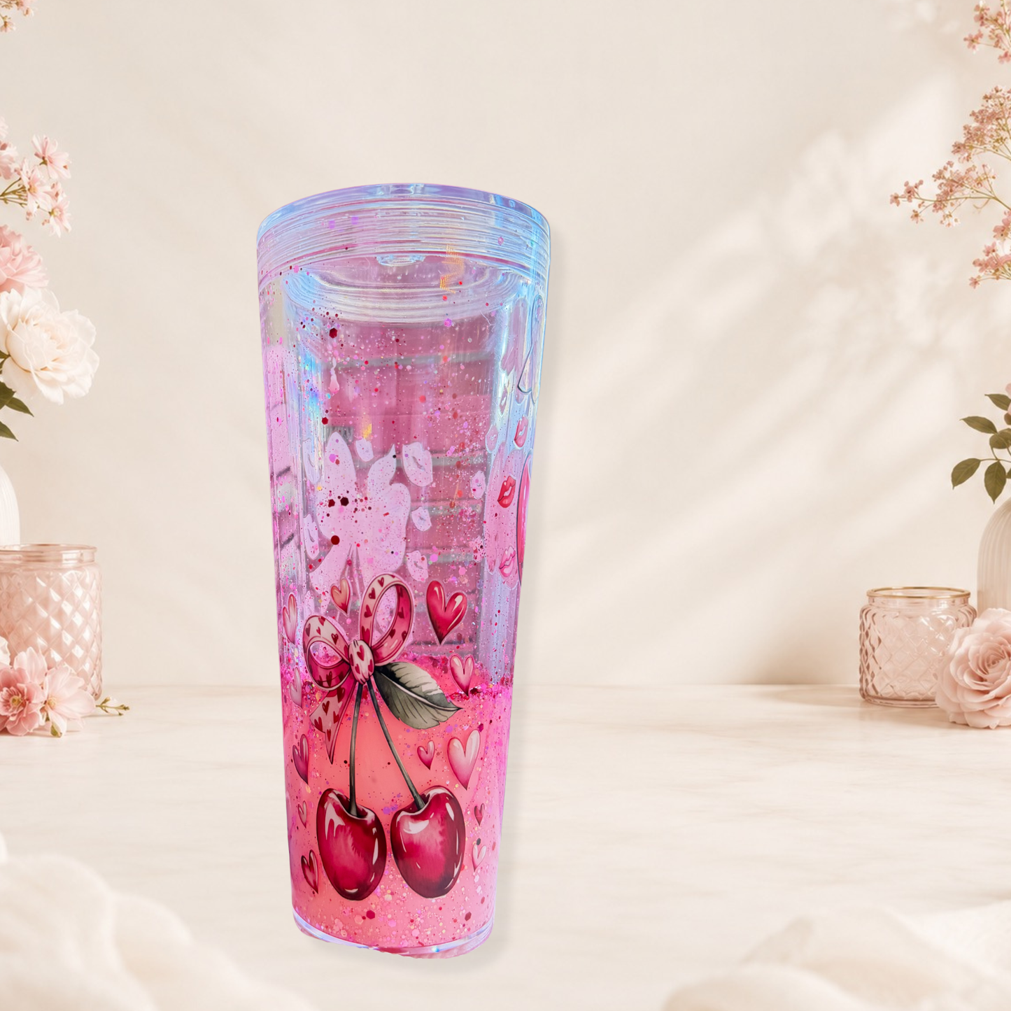 Handmade Cherry Hearts Snow Globe Tumbler 24oz Glitter Finish