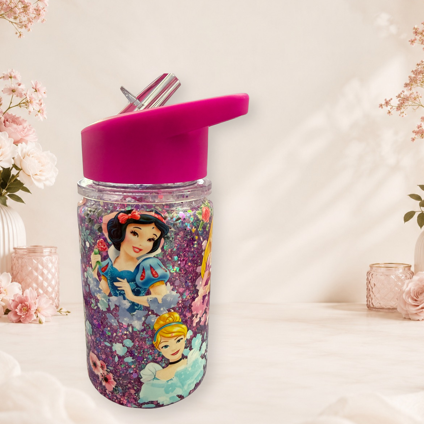 Princess Snow Globe Tumbler 10oz For Kids Pink Lid Purple Glitter Swirl