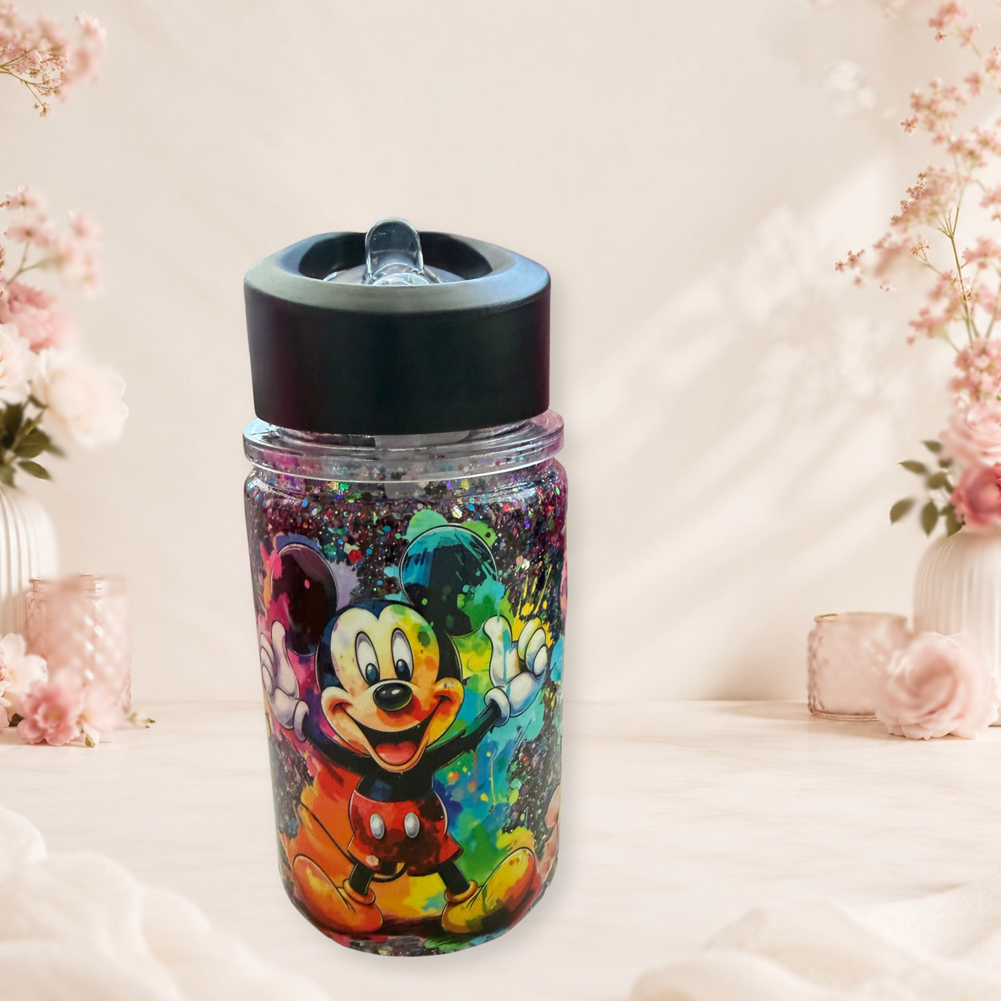 Mickey Mouse Glitter Rainbow Kids Water Bottle With Black Sports Lid