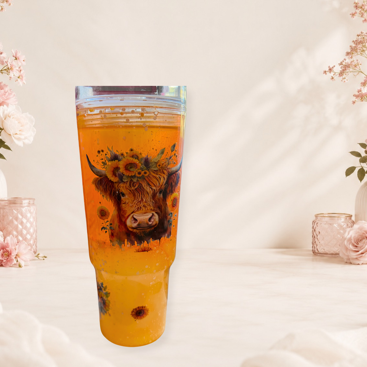 Handmade Sunflower Highland Cow Waterfall Tumbler 24oz