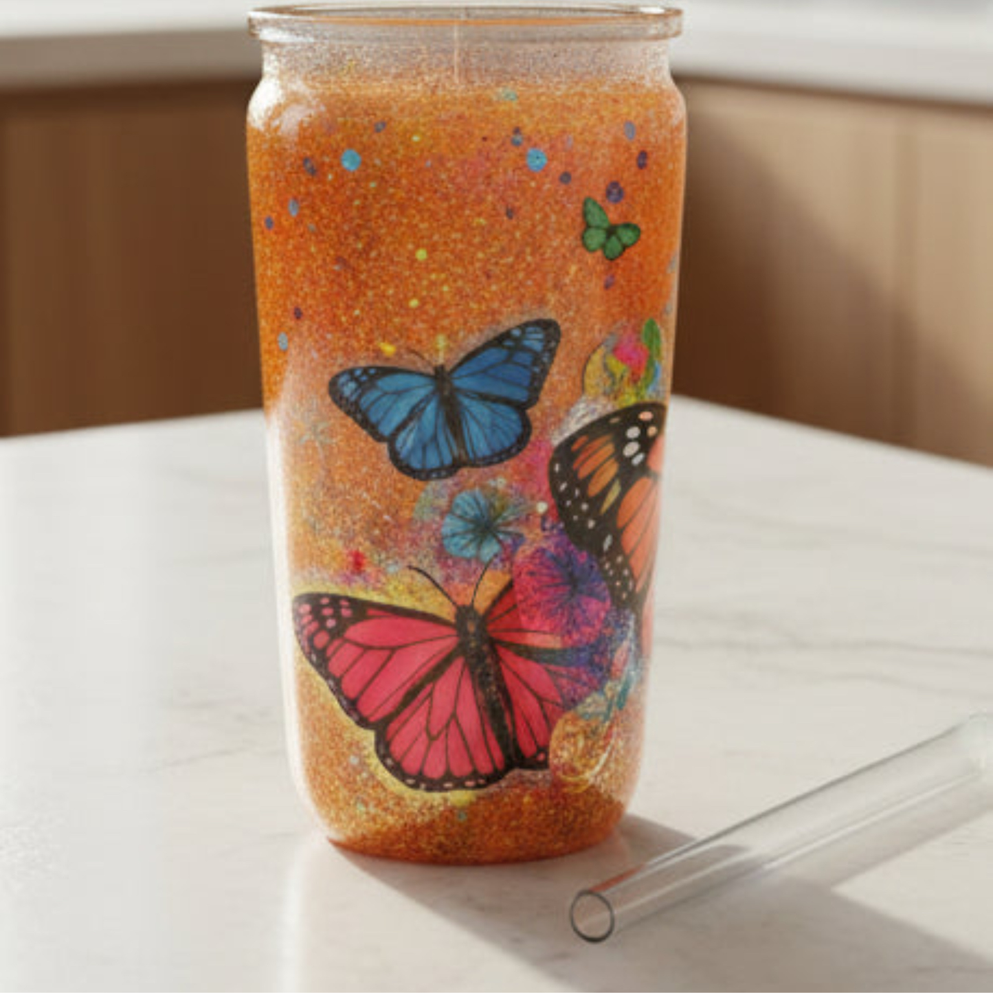 Butterfly Bliss Orange Snow Globe Tumbler – 16 oz Glitter acrylic Cup