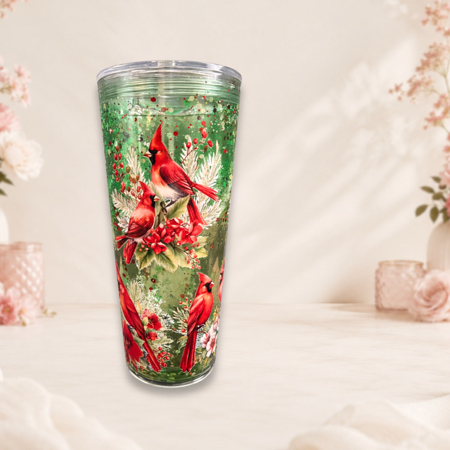 Cardinal Lava Drip Tumbler With Festive Greenery And Berries