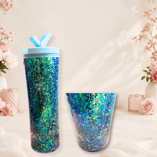Ocean Sparkle Snow Globe Tumbler Handcrafted With Blue Teal Emerald Glitter