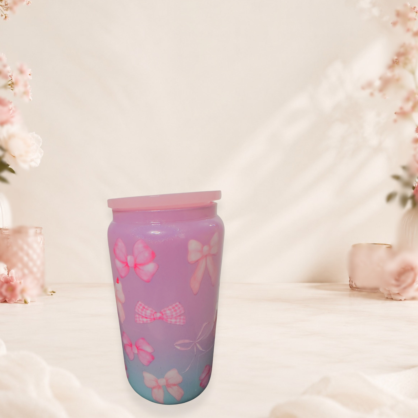 Pastel Bow Ombre Ceramic Tumbler – 16 oz Pink &amp; Blue Aesthetic Cup
