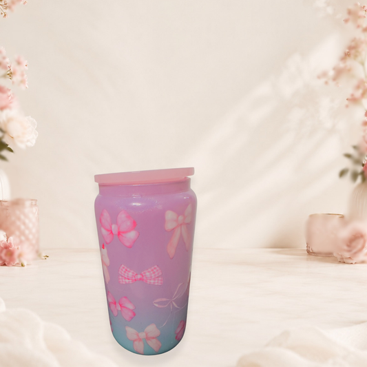Pastel Bow Ombre Ceramic Tumbler – 16 oz Pink &amp; Blue Aesthetic Cup