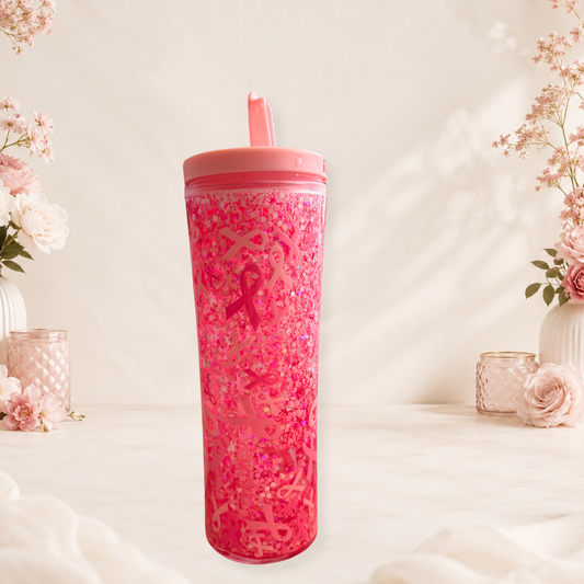 Ribbon Of Hope 20oz Snow Globe Tumbler Breast Cancer Awareness Pink Glitter