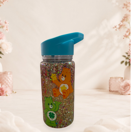 Care Bears Glitter Kids Water Bottle With Blue Flip Top Lid