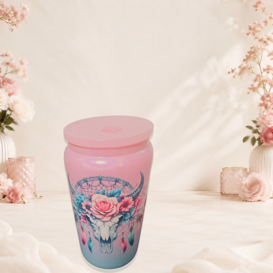 Boho Bloom Skull Glass Can Tumbler – Pink &amp; Blue Ombre 16 oz Cup