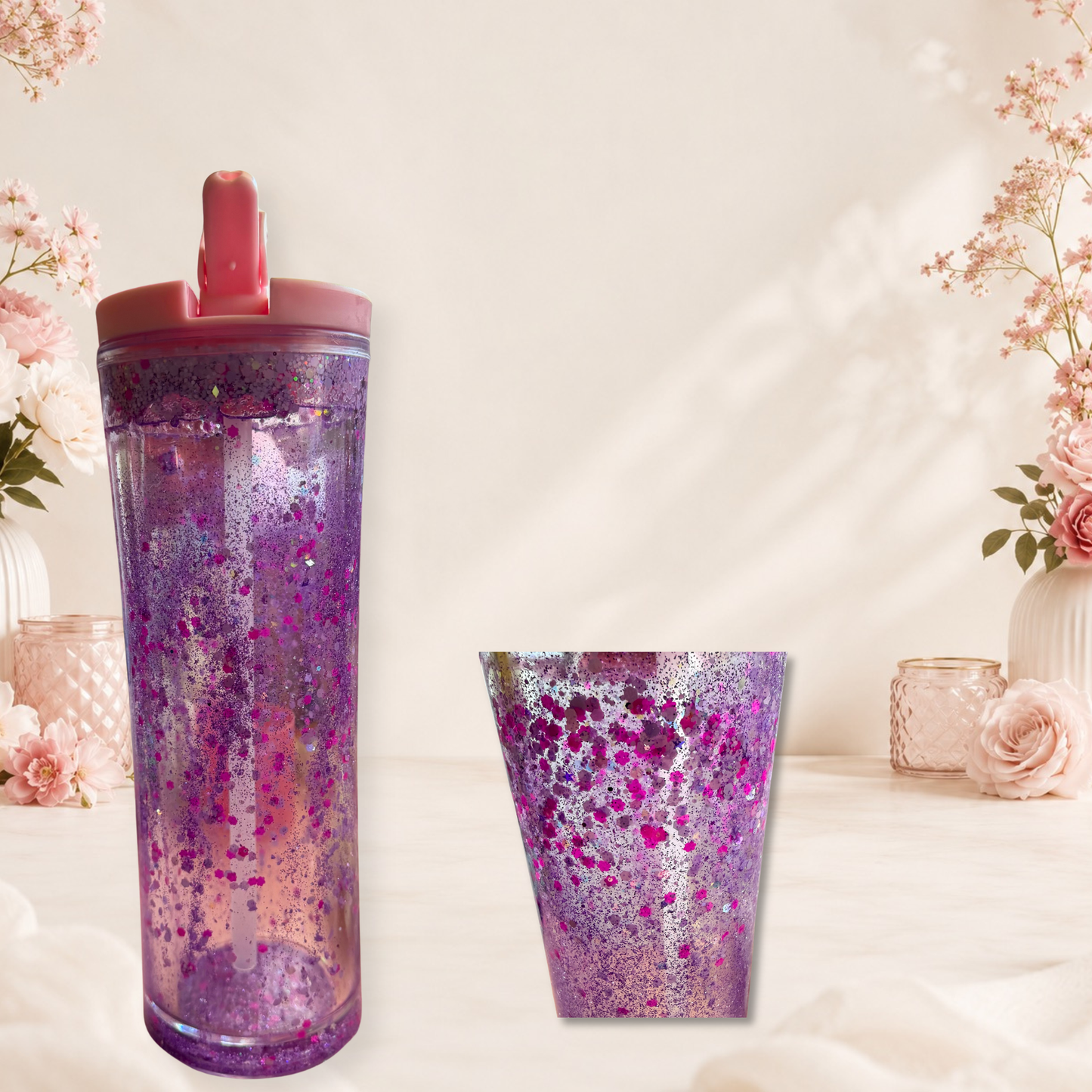 Purple Glitter Waterfall Tumbler Handcrafted Clear Double Wall Travel Cup