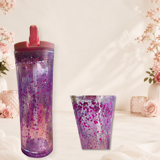 Purple Glitter Waterfall Tumbler Handcrafted Clear Double Wall Travel Cup