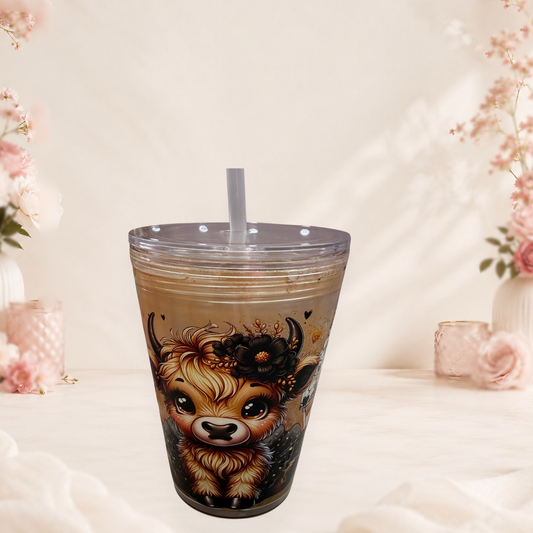 Highland Cow Snow Globe Tumbler With Floral Design Neutral Color Palette