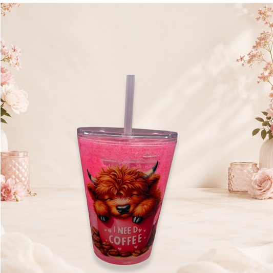 I Need Coffee Highland Cow Glitter Snow Globe Tumbler 16oz