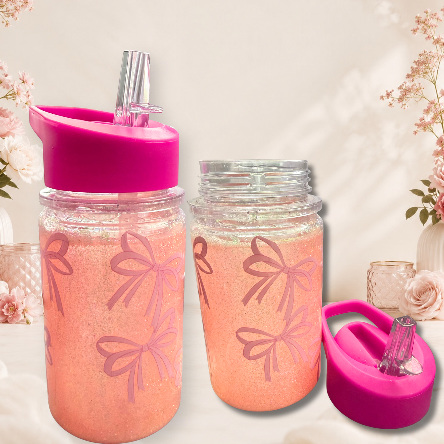 10oz Pink Bow Snow Globe Tumbler With Glitter Snow Effect