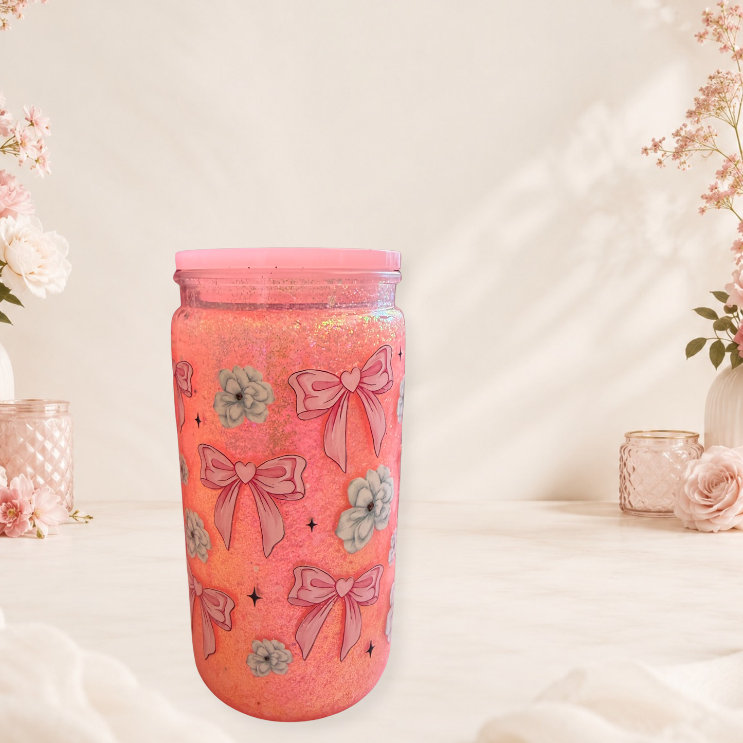 Pink Bows Snow Globe Tumbler 16oz Handmade Double Wall Glitter Inside