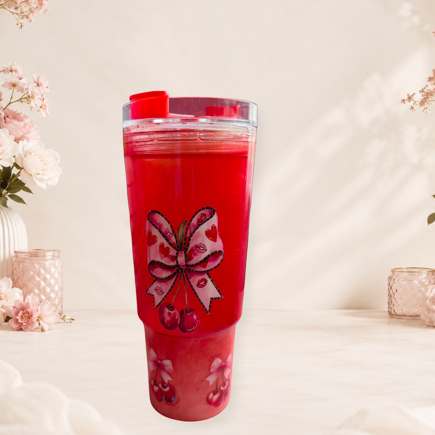 Cherry Bow Red Lava Drip Tumbler 40oz Handmade Eye Catching Finish