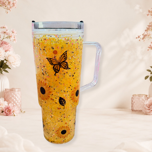Sunflower Butterfly Snow Globe Tumbler 40oz Glitter