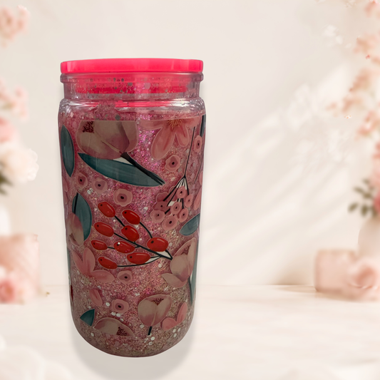 16oz Floral Glitter Snow Globe Tumbler With Pink Botanicals