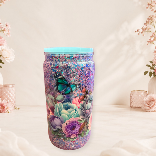 Handmade Teal Butterfly Dry Globe Tumbler With Glitter Inside Double Wall