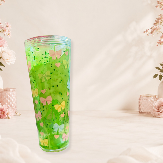 Green Bows Snow Globe Tumbler 24oz Handmade Pastel Bows And Hearts Accents