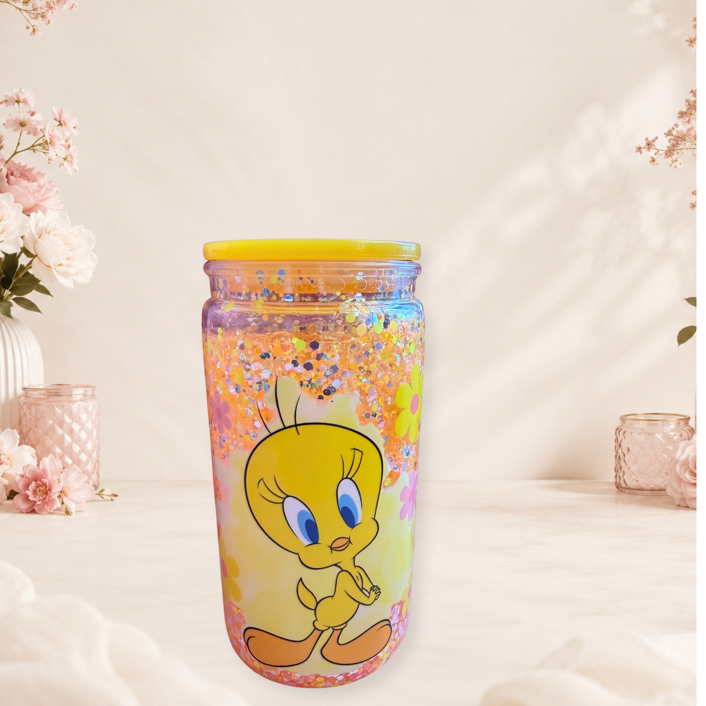Tweety Snow Globe Tumbler 16oz Handmade Glitter Iced Coffee Mug